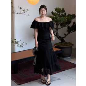 2025新品  软软同款【优雅代号】法式一字肩气质小众方领荷叶边假两件连衣裙