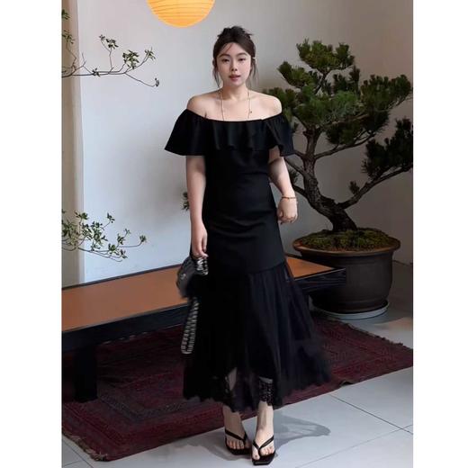 2025新品  软软同款【优雅代号】法式一字肩气质小众方领荷叶边假两件连衣裙 商品图0