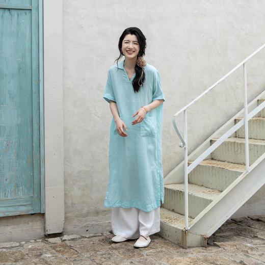 绽放女装338朵/【海街日记】色织亚麻V领连肩短袖大口袋连衣裙女 商品图1