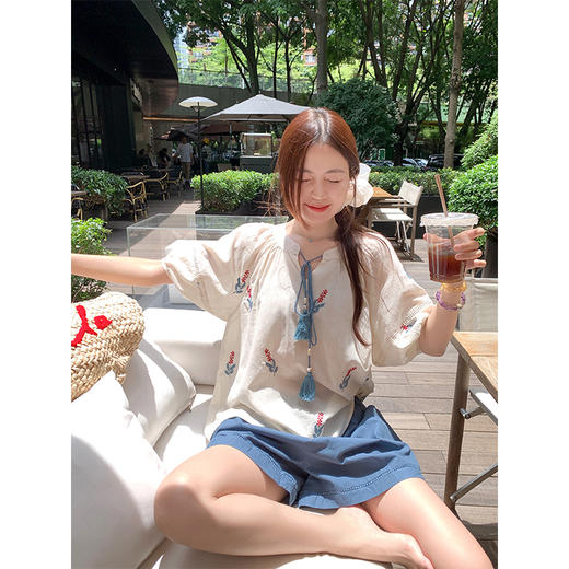 <曾小咸推荐>套装刺绣短袖衬衫蓝色休闲短裤 商品图0