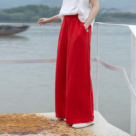 绽放337朵/【海街日记】亚麻全腰松紧内加抽绳脚口翻折边直筒裤女