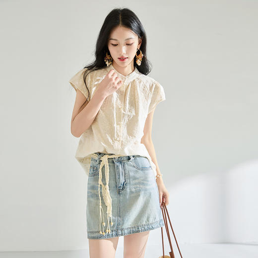 25夏季新款甜美时尚刺绣短袖小衫女小飞袖立领纯棉开衫上衣！ 商品图1