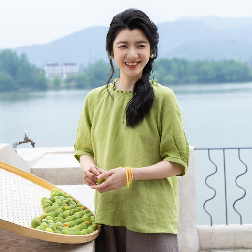 绽放旅行女装343朵/【海街日记】砂洗亚麻花边领插肩短袖衬衫女夏 商品图1