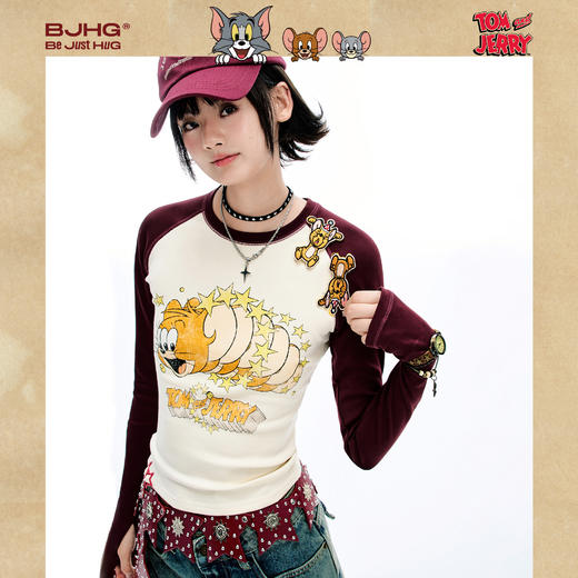 BJHG猫和老鼠联名长袖T恤女2025新款潮美式复古针织印花破洞上衣 商品图1