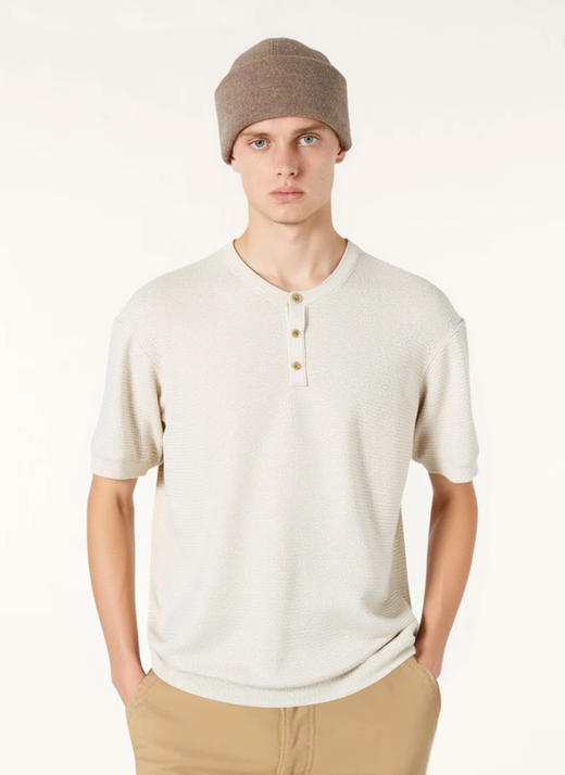 L&P高奢老钱风莱赛尔亚麻镂空针织亨利领男士短袖T恤 商品图3