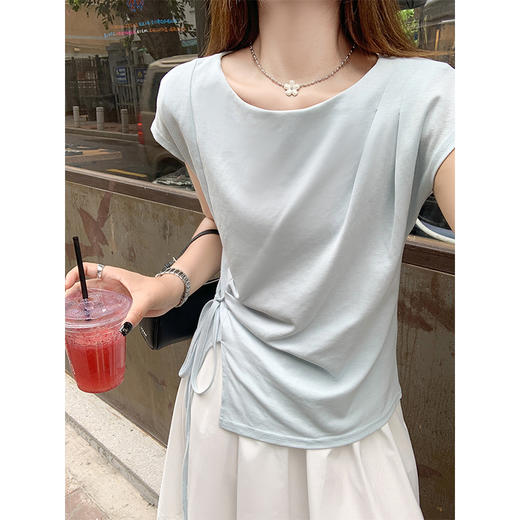 <曾小咸推荐>侧开叉绑带设计感收腰短袖T恤女 商品图2