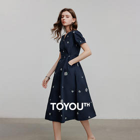 TOYOUTH初语薰衣草刺绣连衣裙女V领显瘦纯棉裙子
