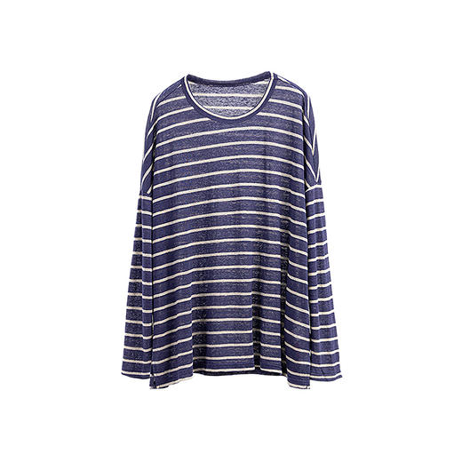 绽放旅行女装333朵【海街日记】亚麻针织条纹落肩长袖宽松防晒T恤 商品图4