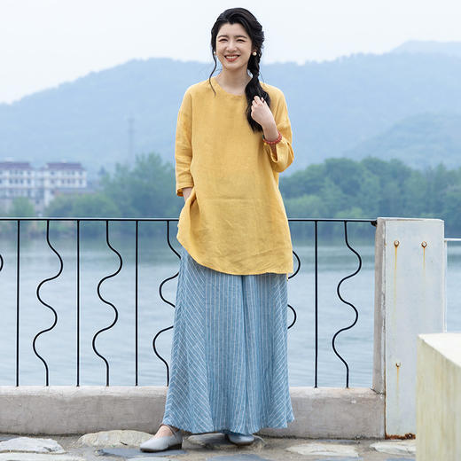 绽放女装339朵/【海街日记】砂洗亚麻圆领落肩七分袖中长款T恤夏 商品图2