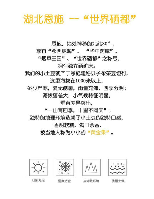恩施小土豆中含有2%的蛋白质，18种氨基酸，其中有9种人体必须而又不能自身合成的氨基酸。含维生素B的含量是苹果的4倍，维生素C的含量是苹果的10倍。五斤一份 商品图3