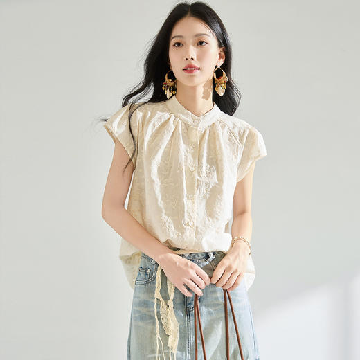 25夏季新款甜美时尚刺绣短袖小衫女小飞袖立领纯棉开衫上衣！ 商品图0