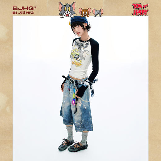 BJHG猫和老鼠联名长袖T恤女2025新款潮美式复古针织印花破洞上衣 商品图3