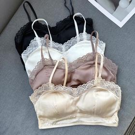 桑蚕丝无钢圈法式蕾丝缎面女士内衣文胸  可拆卸杯垫 蕾丝 V 领显瘦 四排三扣舒适承托