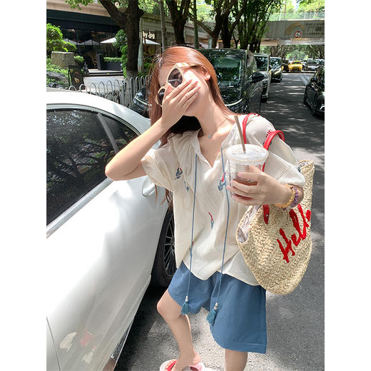 <曾小咸推荐>套装刺绣短袖衬衫蓝色休闲短裤 商品图1