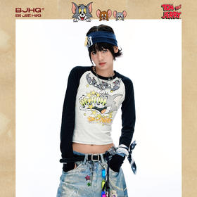 BJHG猫和老鼠联名长袖T恤女2025新款潮美式复古针织印花破洞上衣