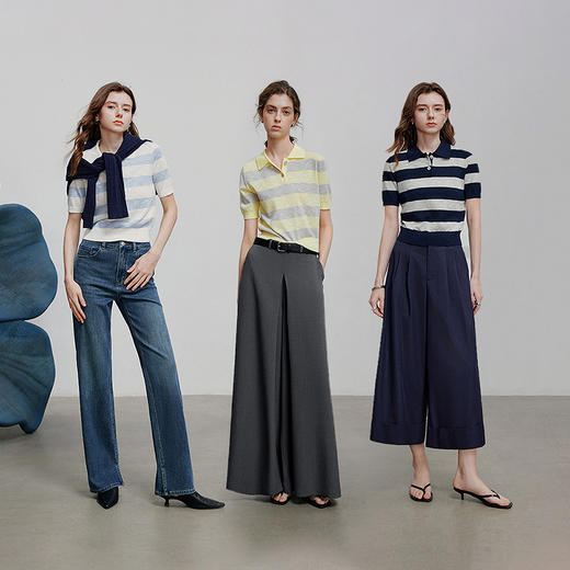 初语舒爽十字麻短袖针织衫女条纹polo上衣休闲小衫 商品图4