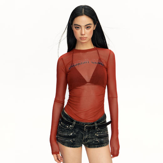 Ariseism  美式复古辣妹网纱长袖t恤女2025春秋新款修身内搭上衣 商品图1