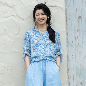 绽放女装322朵/【海街日记·小蓝花】亚麻印花后开衩衬衫女七分袖