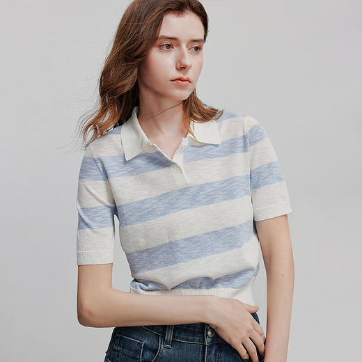 初语舒爽十字麻短袖针织衫女条纹polo上衣休闲小衫 商品图0