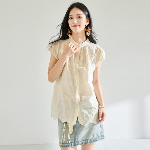 25夏季新款甜美时尚刺绣短袖小衫女小飞袖立领纯棉开衫上衣！ 商品图3