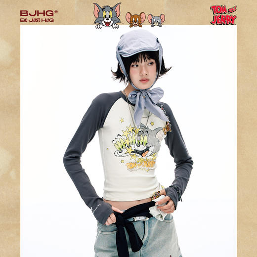 BJHG猫和老鼠联名长袖T恤女2025新款潮美式复古针织印花破洞上衣 商品图2