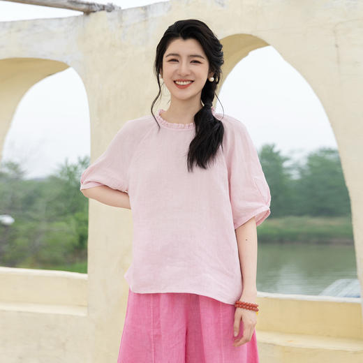 绽放旅行女装343朵/【海街日记】砂洗亚麻花边领插肩短袖衬衫女夏 商品图0