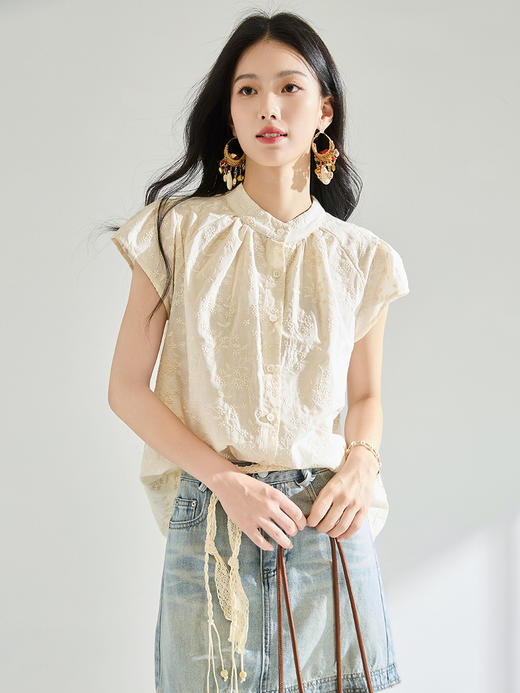 25夏季新款甜美时尚刺绣短袖小衫女小飞袖立领纯棉开衫上衣！ 商品图6