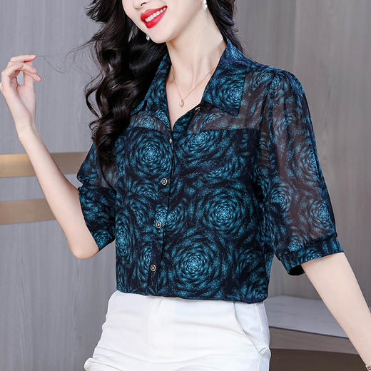 KQLE333M3209 2025夏季新品女士雪纺衬衫新款气质减龄时尚妈妈洋气花色衬衣女 商品图0