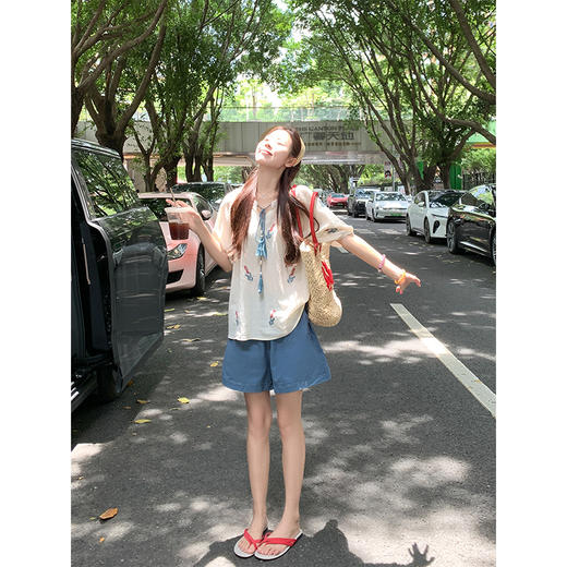 <曾小咸推荐>套装刺绣短袖衬衫蓝色休闲短裤 商品图2