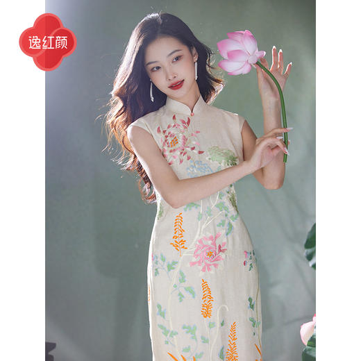 逸红颜菡裳2025夏新款天然棉麻精致满身绣新中式文艺复古改良旗袍 商品图0