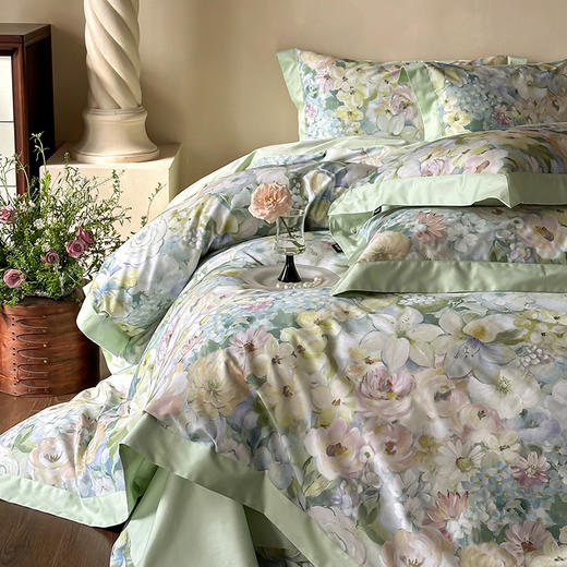 自然醒高端100支长绒棉数码印花双拼边全棉纯棉四件套HS 商品图0