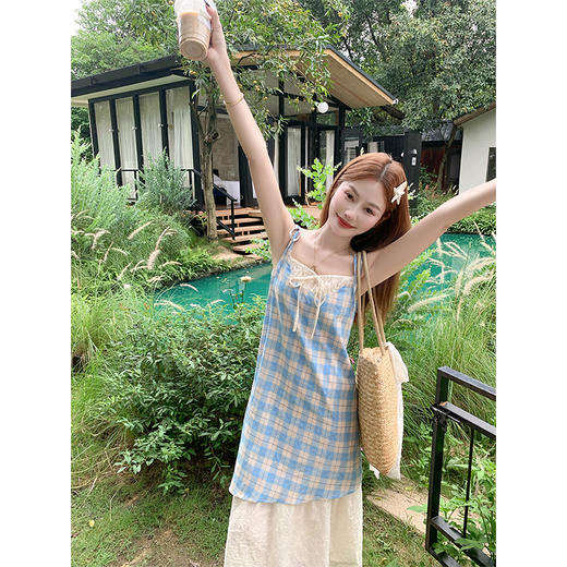 <曾小咸推荐>假两件拼接格纹吊带连衣裙 商品图3