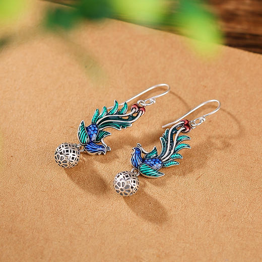 S925纯银复古做旧，国潮景泰蓝孔雀钱币镂空耳坠CW-914 商品图1