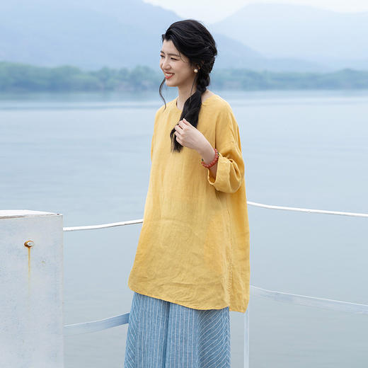 绽放女装339朵/【海街日记】砂洗亚麻圆领落肩七分袖中长款T恤夏 商品图0