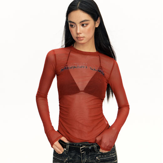 Ariseism  美式复古辣妹网纱长袖t恤女2025春秋新款修身内搭上衣 商品图0