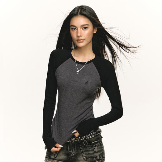 Ariseism 美式复古撞色插肩袖长袖t恤女2025春秋新款修身打底上衣 商品图0