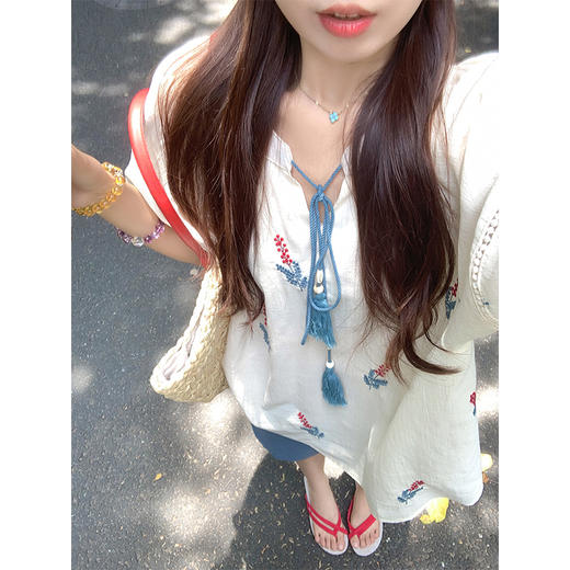 <曾小咸推荐>套装刺绣短袖衬衫蓝色休闲短裤 商品图3