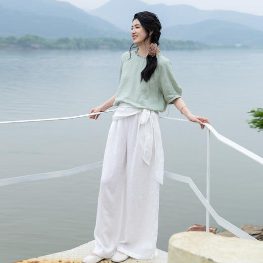 绽放旅行女装343朵/【海街日记】砂洗亚麻花边领插肩短袖衬衫女夏 商品图2