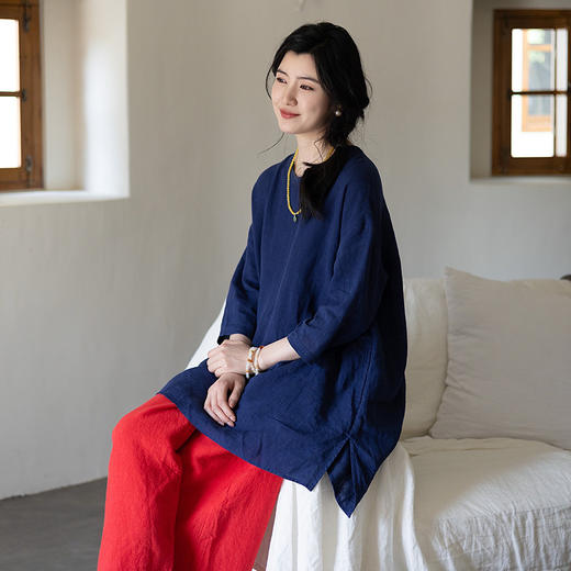 绽放女装339朵/【海街日记】砂洗亚麻圆领落肩七分袖中长款T恤夏 商品图1