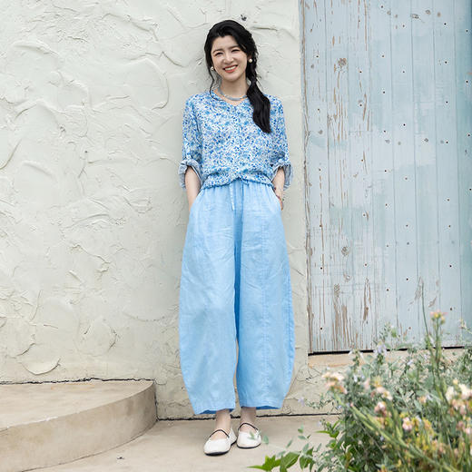 绽放女装322朵/【海街日记·小蓝花】亚麻印花后开衩衬衫女七分袖 商品图2