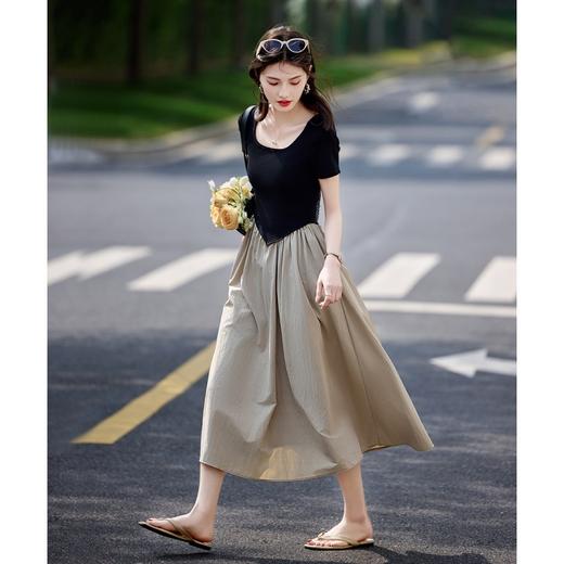 现货 极简风轻休闲假两件T恤裙25年夏新时尚拼接撞色圆领连衣裙 商品图1