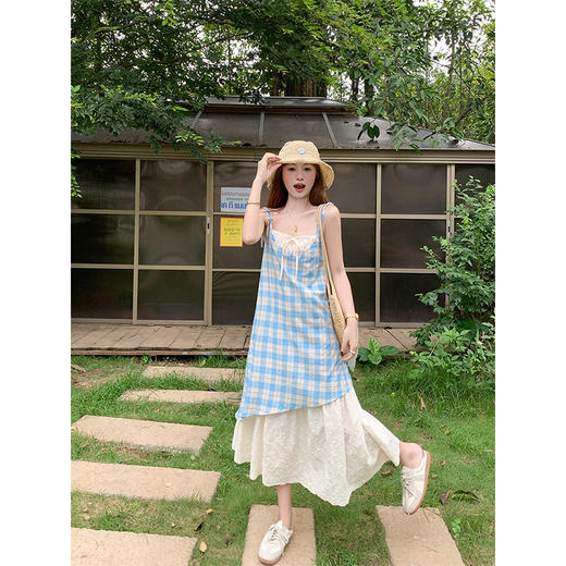 <曾小咸推荐>假两件拼接格纹吊带连衣裙 商品图1