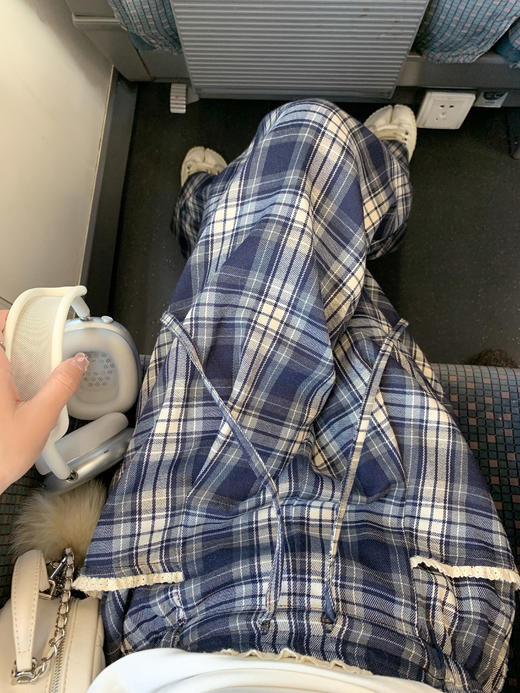 <曾小咸推荐>高腰显瘦抽绳蓝色格子宽松阔腿裤 商品图6