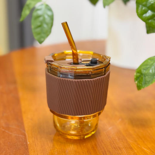 【高硼硅琥珀原色双饮杯】高颜值咖啡杯 带吸管密封防漏双口设计便携玻璃杯  家用办公 耐高温 可微波炉 可洗碗机 商品图1