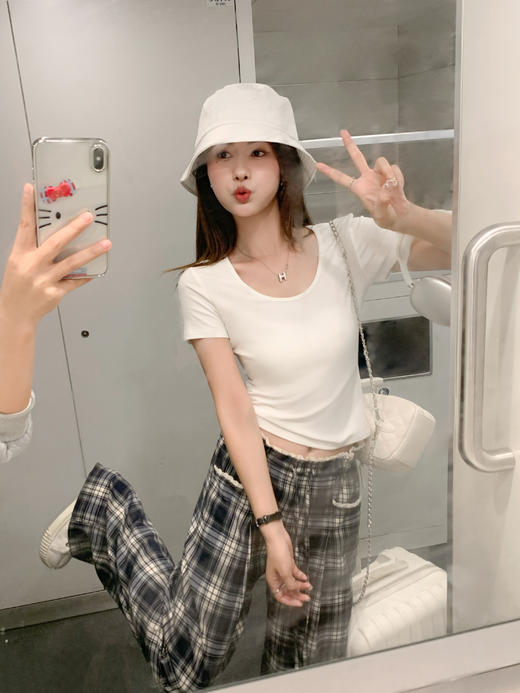 <曾小咸推荐>高腰显瘦抽绳蓝色格子宽松阔腿裤 商品图9