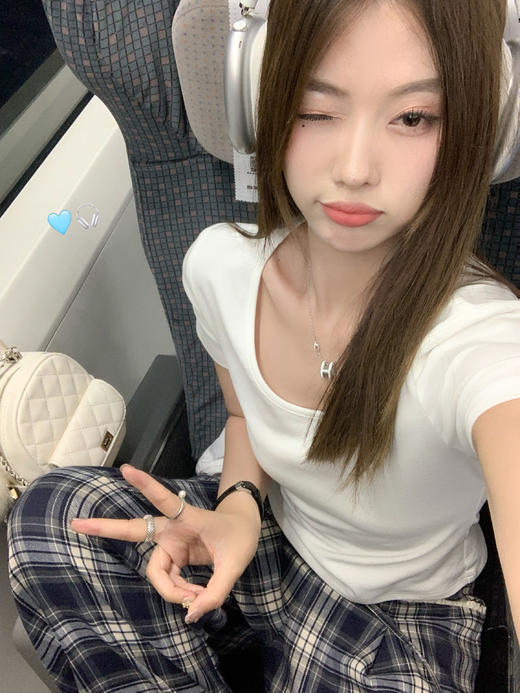 <曾小咸推荐>高腰显瘦抽绳蓝色格子宽松阔腿裤 商品图5