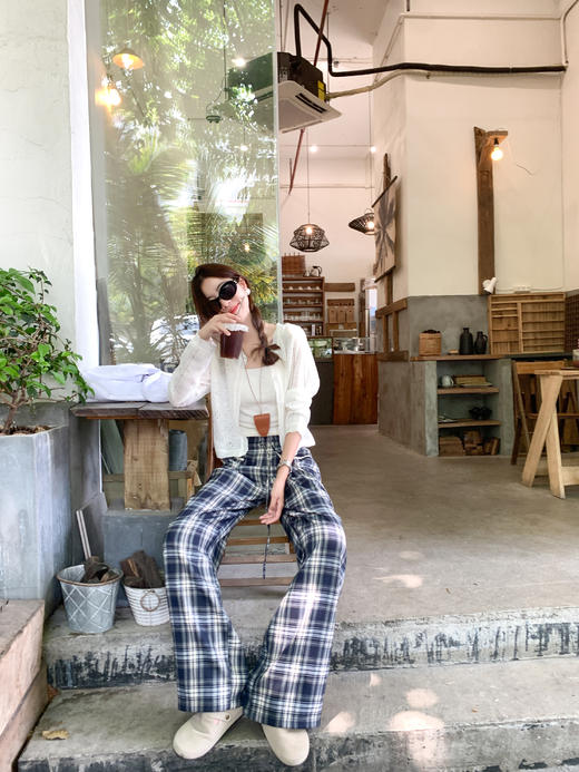 <曾小咸推荐>高腰显瘦抽绳蓝色格子宽松阔腿裤 商品图10