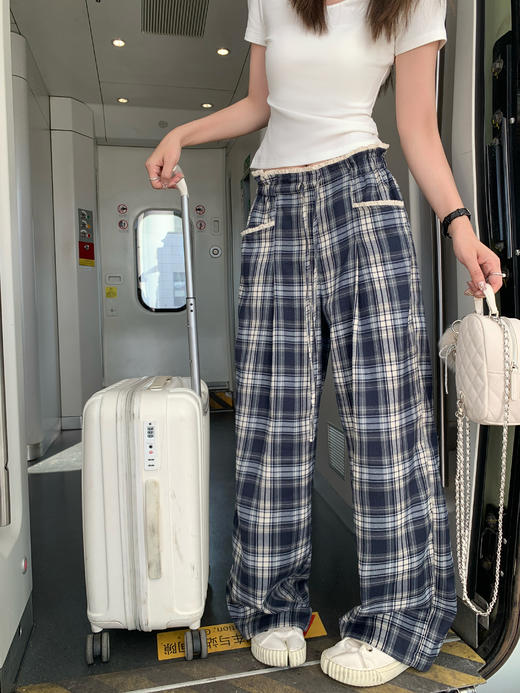 <曾小咸推荐>高腰显瘦抽绳蓝色格子宽松阔腿裤 商品图8