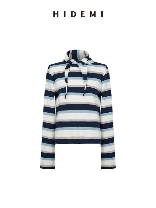 HIDEMI 趣味撞色条纹自然色织纯棉分体领巾设计感两件套长袖T 商品图14
