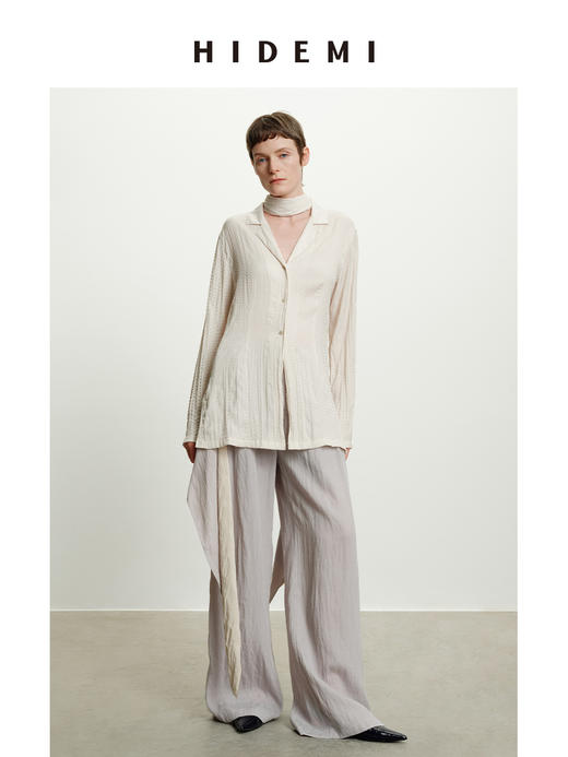 HIDEMI 进口可再生纤维冰川灰压褶纸片人西装领衬衫半裙套装 商品图5